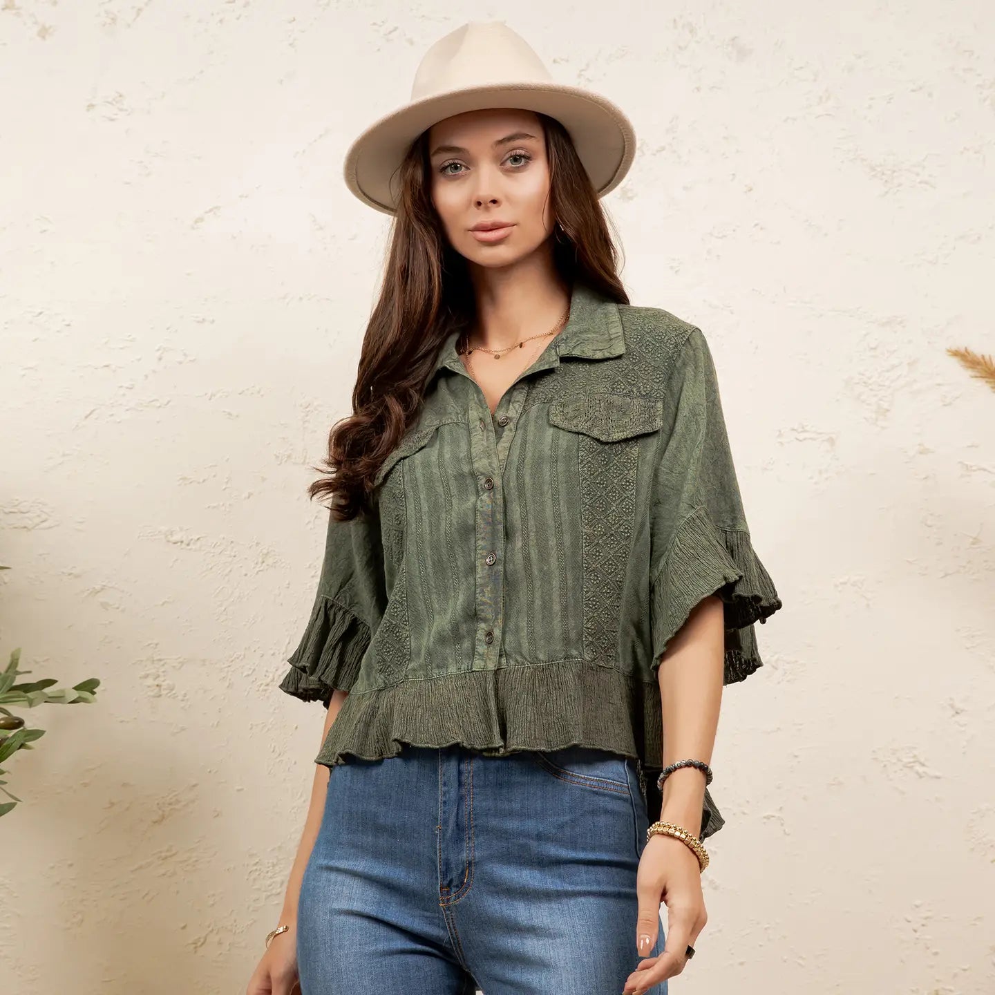 Basil Ruffle Crop Button Up Top