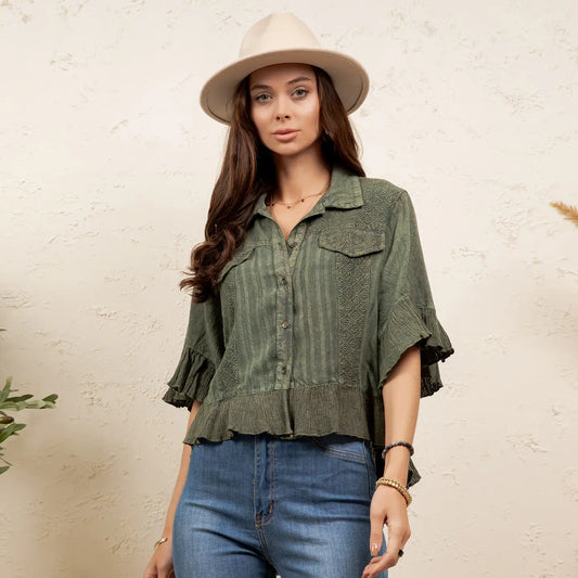 Basil Ruffle Crop Button Up Top