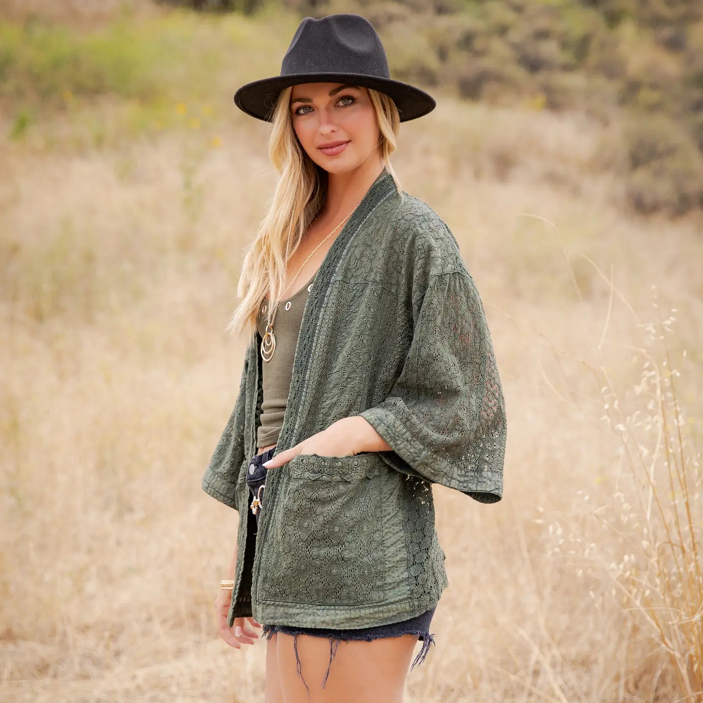 Basil Textured Mixed-Print Flowy Cardi with Pouch Pockets