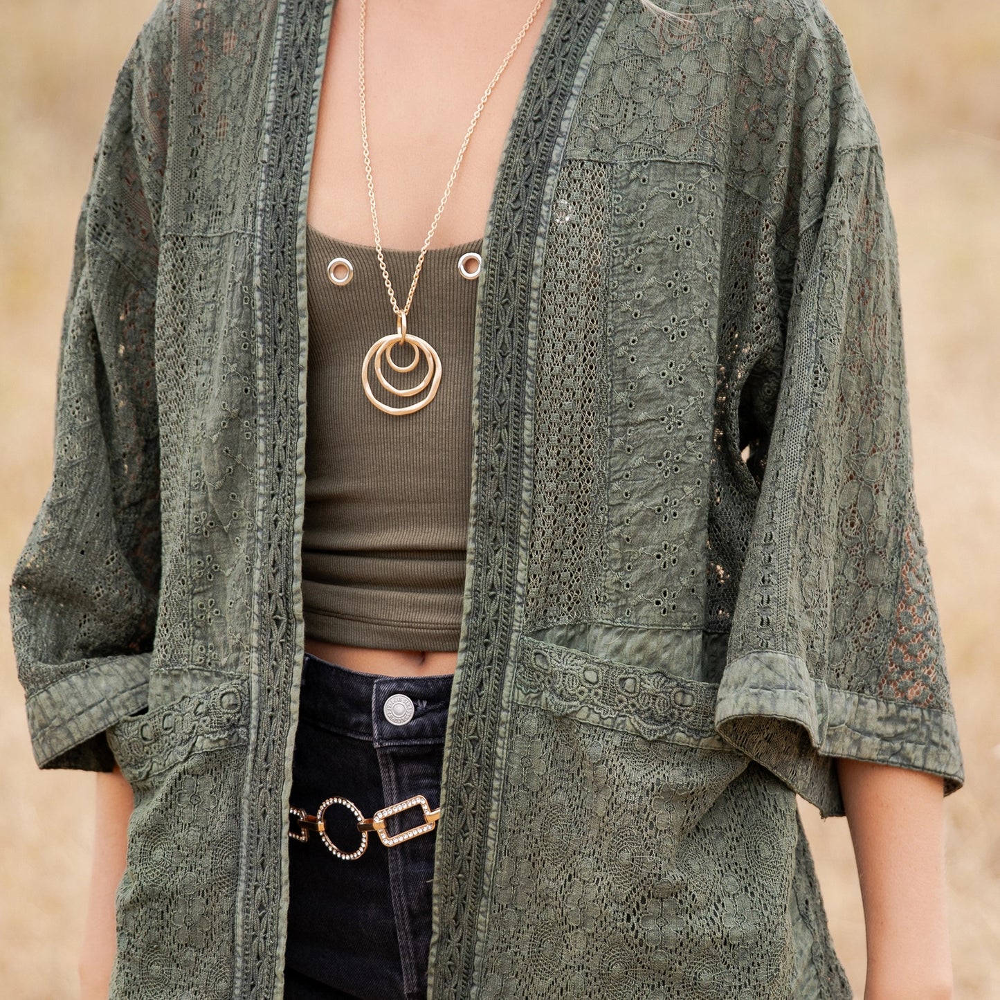 Basil Textured Mixed-Print Flowy Cardi with Pouch Pockets