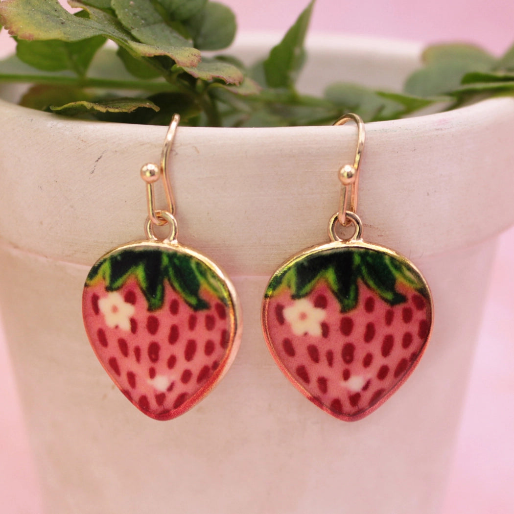 Berry Sweet Strawberry Print Gold Earrings