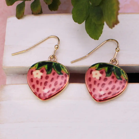 Berry Sweet Strawberry Print Gold Earrings