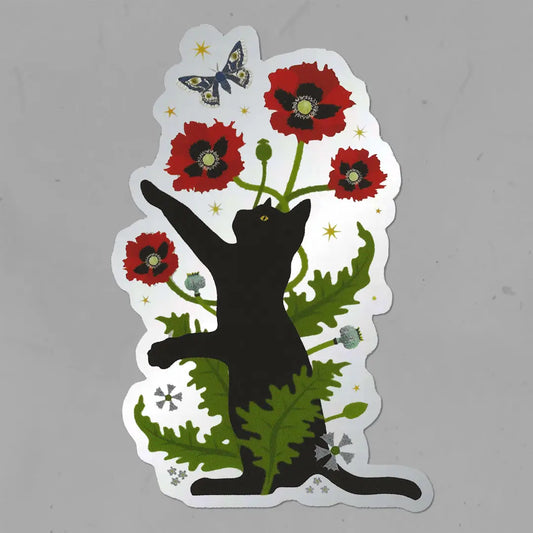 Black Cat & Poppies Matte Mirror Sticker