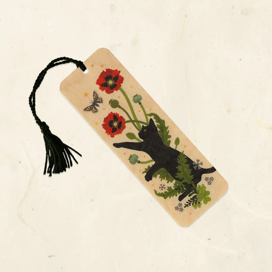 Black Cat and Poppies Wood Bookmark