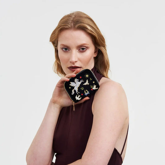 Black Celestial Velvet Embroidered Wallet by Fable England