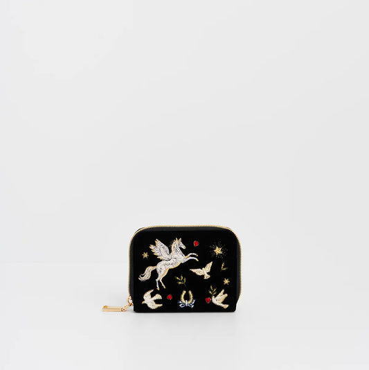 Black Celestial Velvet Embroidered Wallet by Fable England