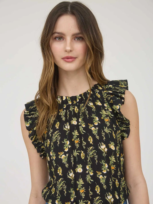 Black Floral Ruffle Top