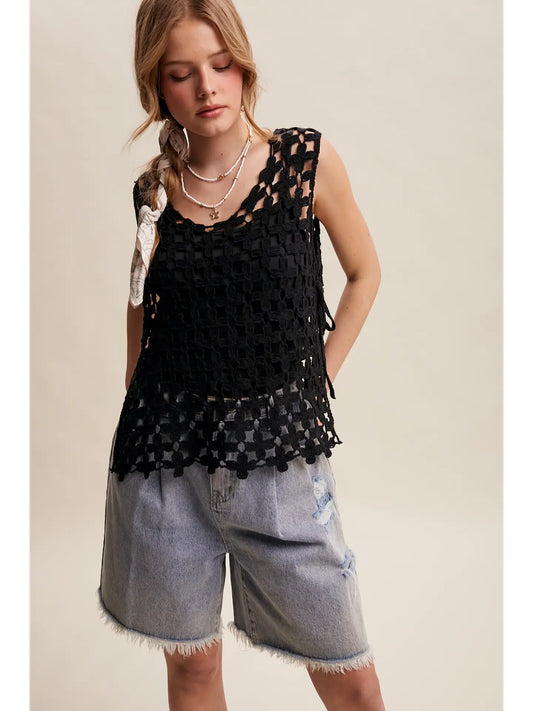 Black Flower Crochet Sleeveless Tank