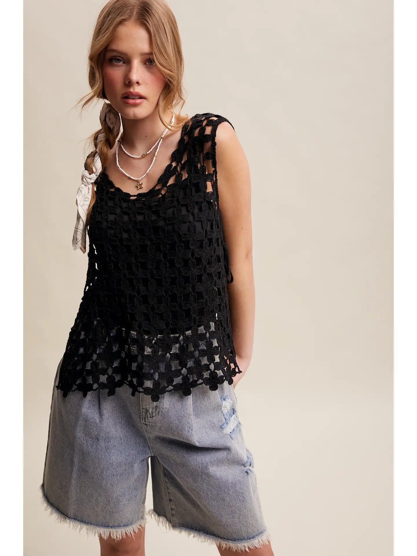 Black Flower Crochet Sleeveless Tank