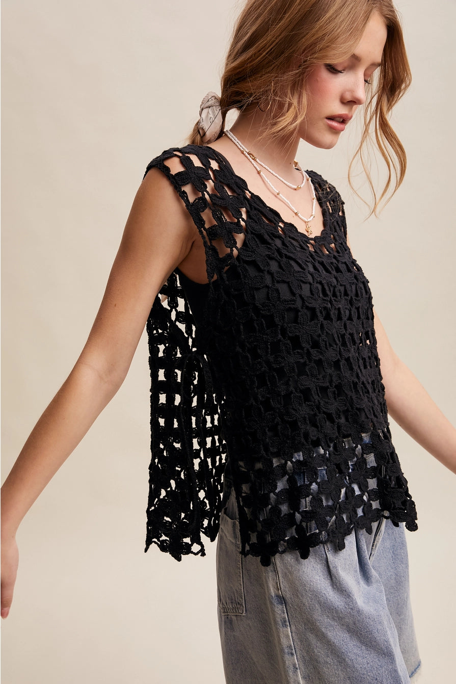 Black Flower Crochet Sleeveless Tank