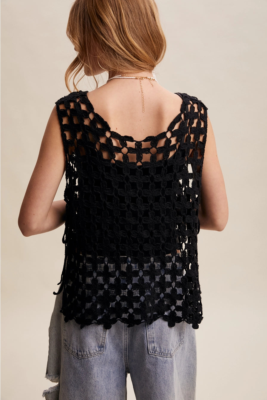 Black Flower Crochet Sleeveless Tank