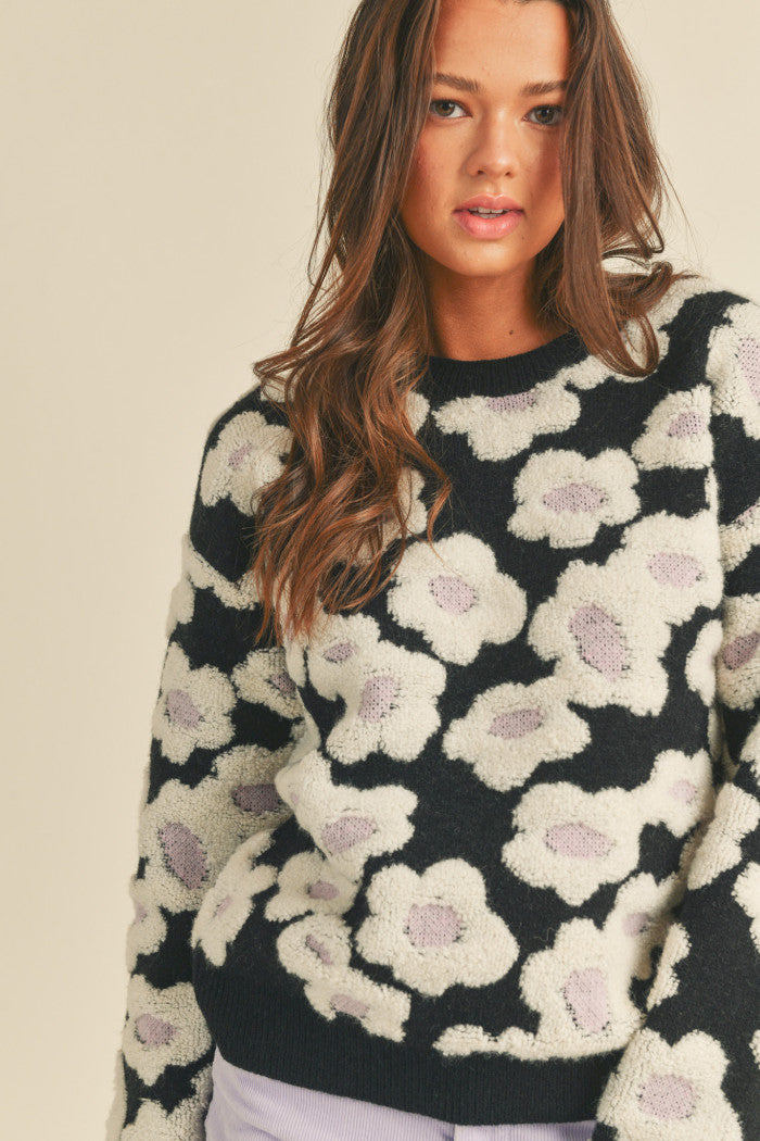 Black Fuzzy Flower Sweater