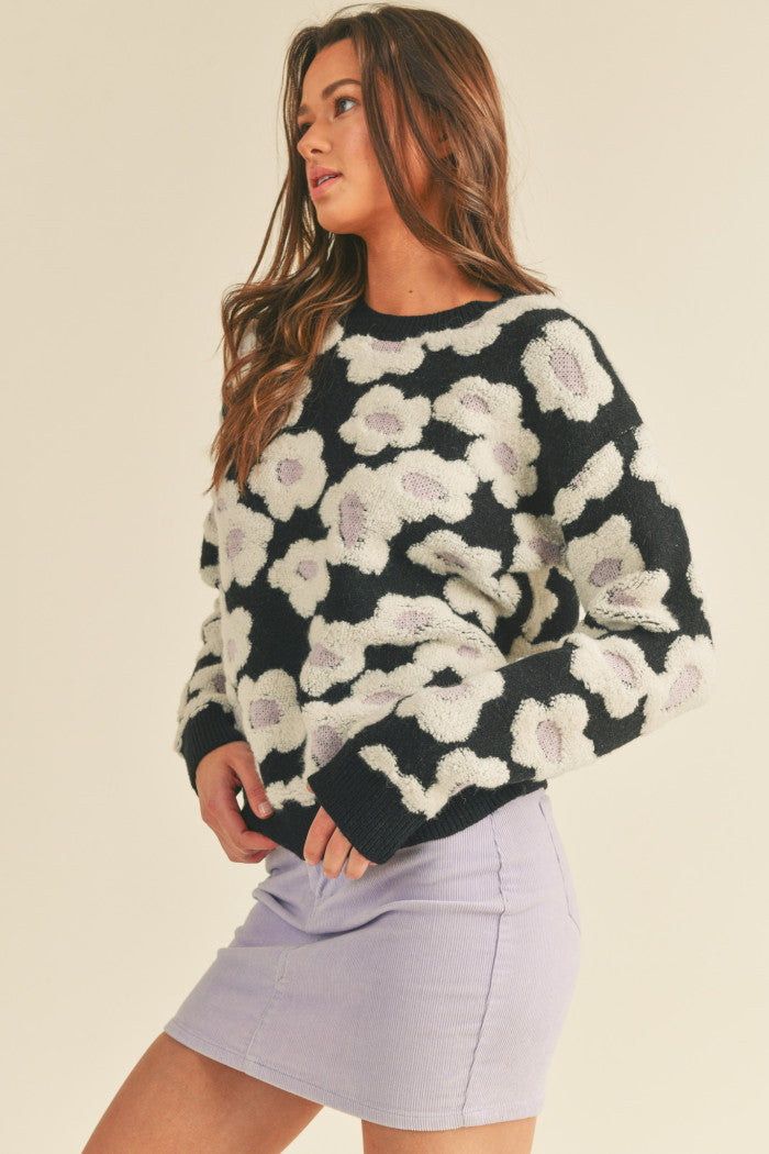 Black Fuzzy Flower Sweater