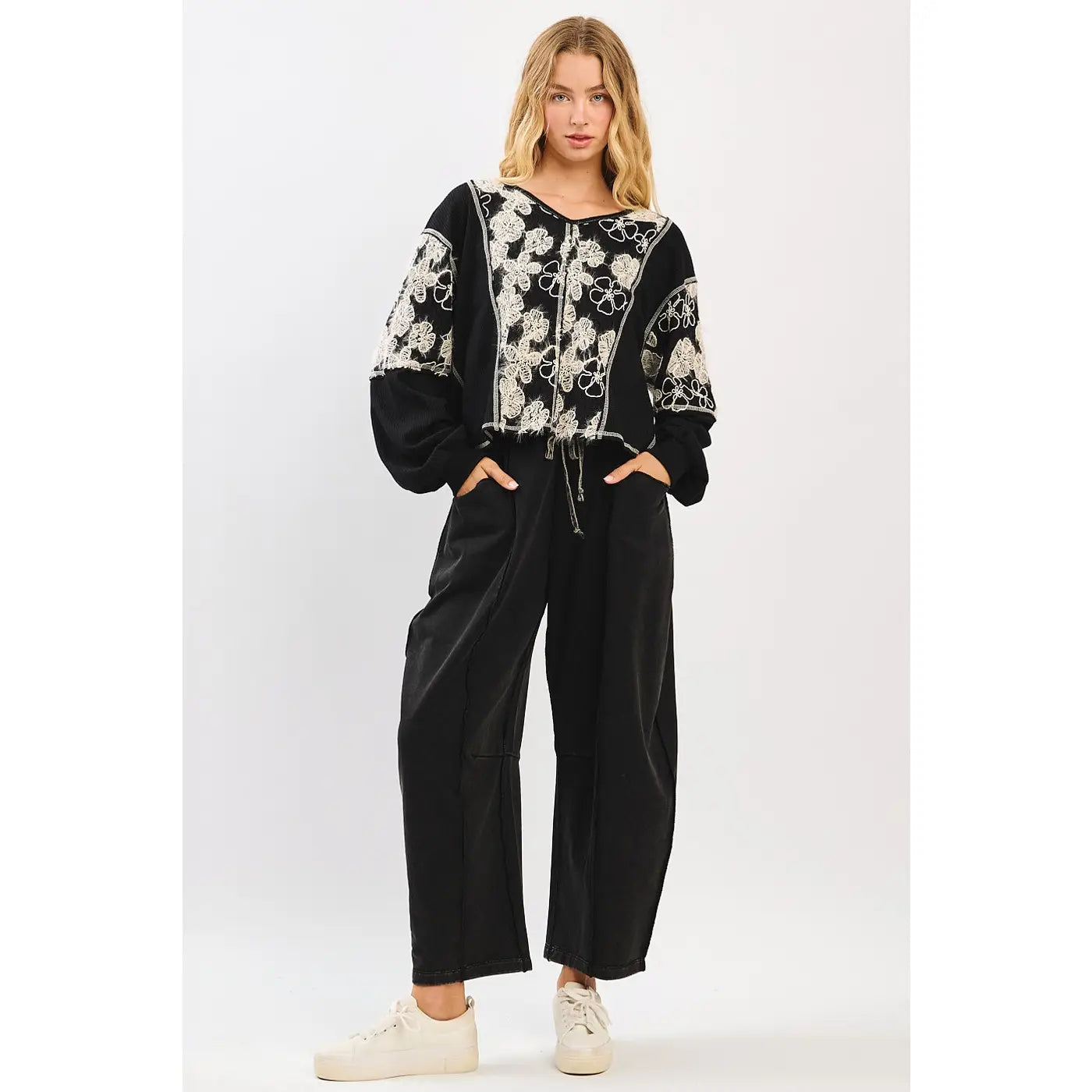 Black Mineral Wash Contrast Stitch Barrel Pants