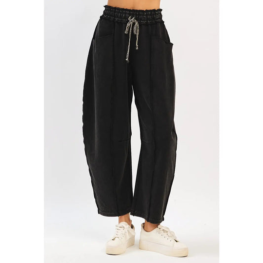 Black Mineral Wash Contrast Stitch Barrel Pants
