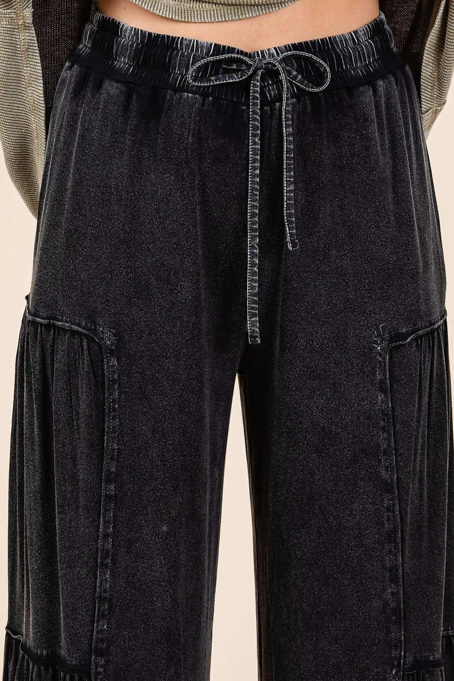 Black Mineral Wash Tiered Pants