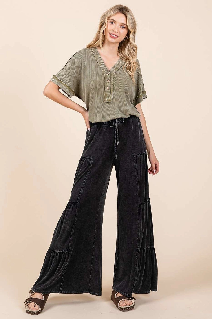 Black Mineral Wash Tiered Pants