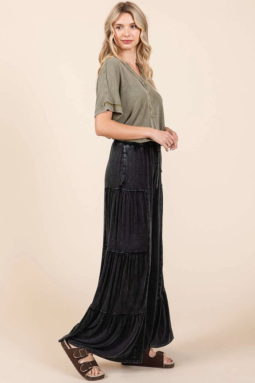 Black Mineral Wash Tiered Pants