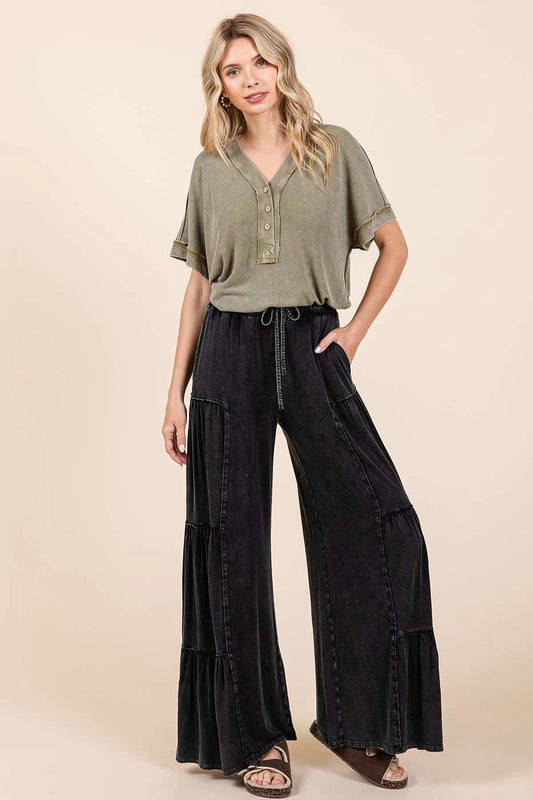 Black Mineral Wash Tiered Pants