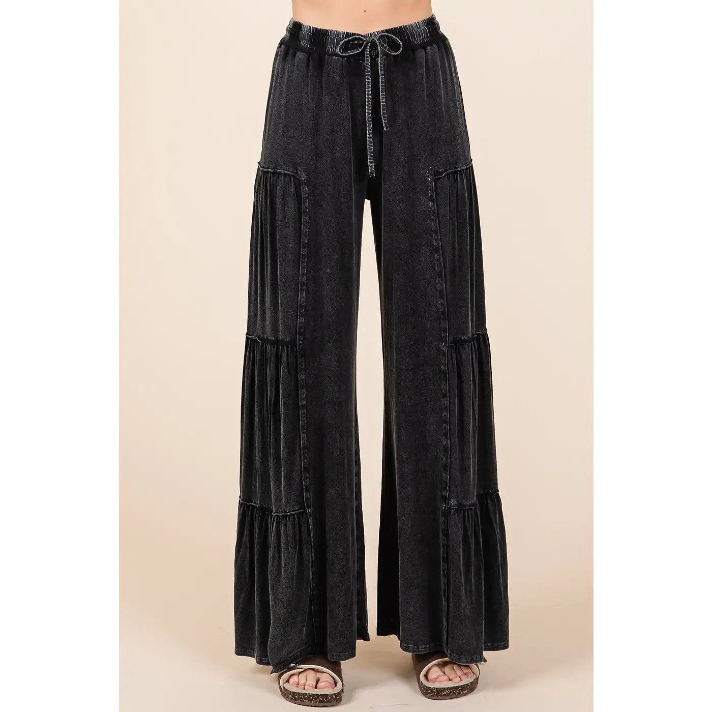 Black Mineral Wash Tiered Pants