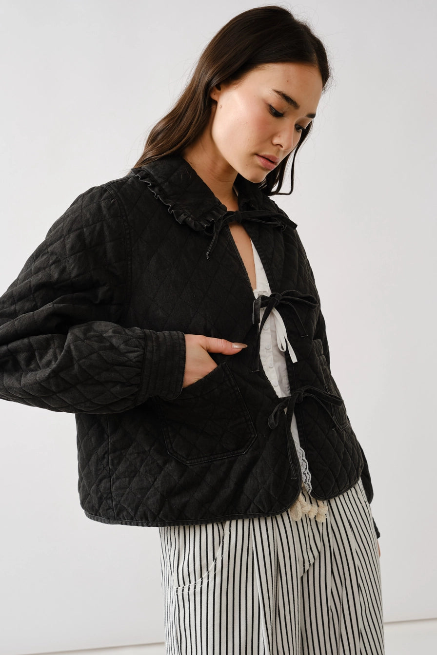 Black Quilted Frilly Collar Bow Tie Denim Jacket