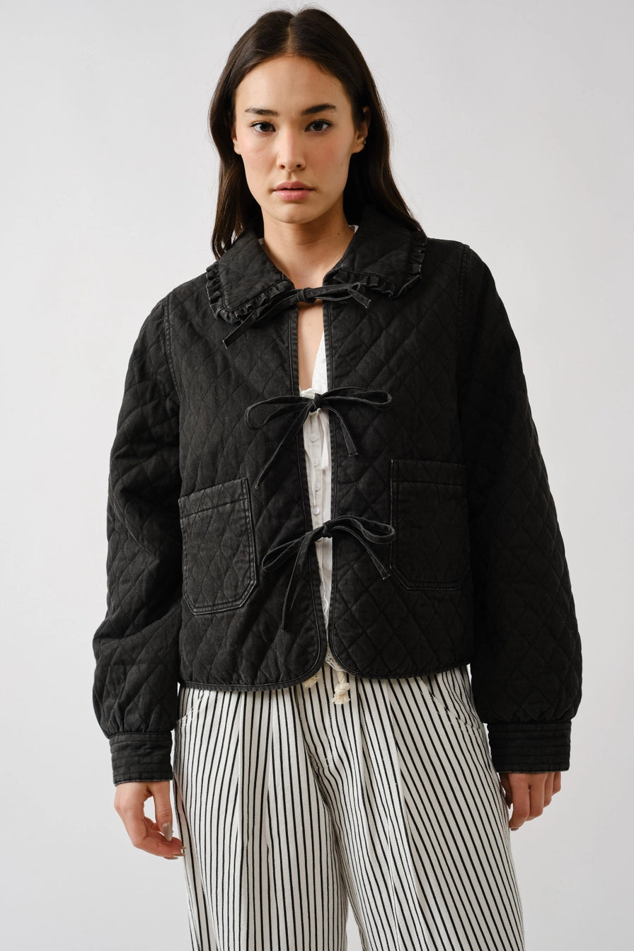 Black Quilted Frilly Collar Bow Tie Denim Jacket
