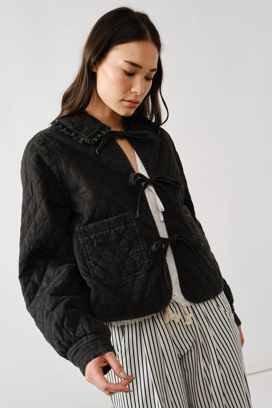 Black Quilted Frilly Collar Bow Tie Denim Jacket
