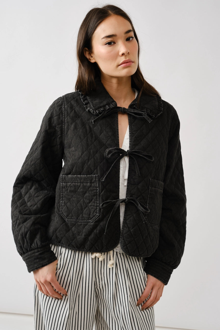 Black Quilted Frilly Collar Bow Tie Denim Jacket
