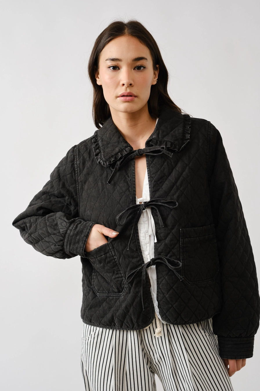 Black Quilted Frilly Collar Bow Tie Denim Jacket