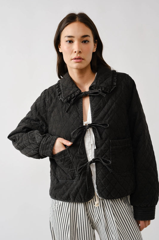 Black Quilted Frilly Collar Bow Tie Denim Jacket