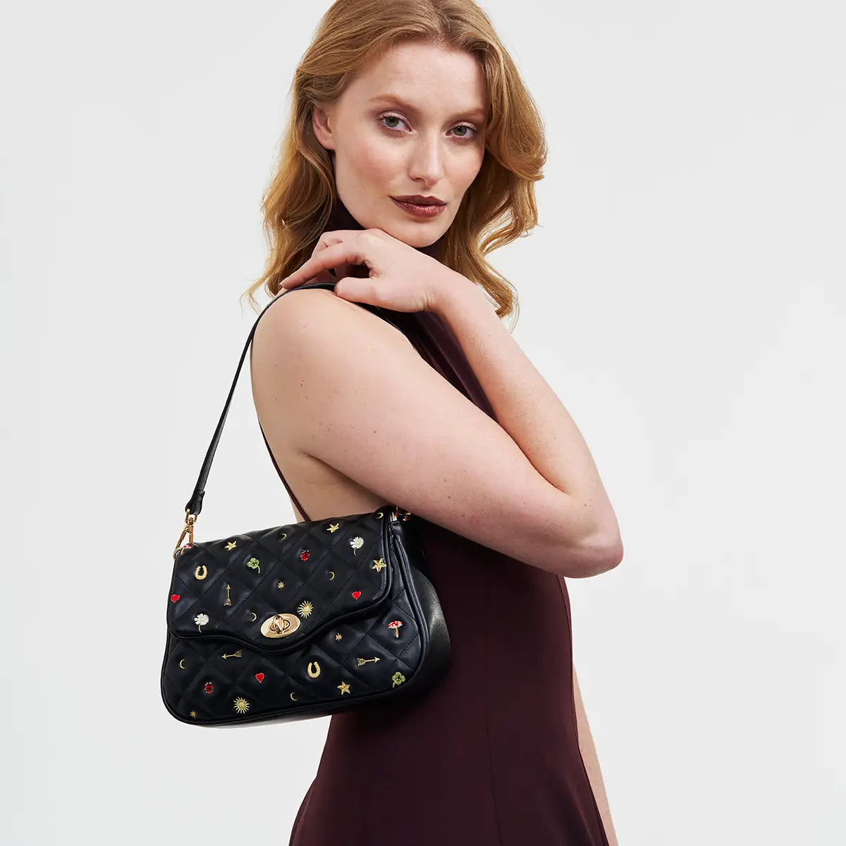 Black Quilted Motif Embroidered Crossbody