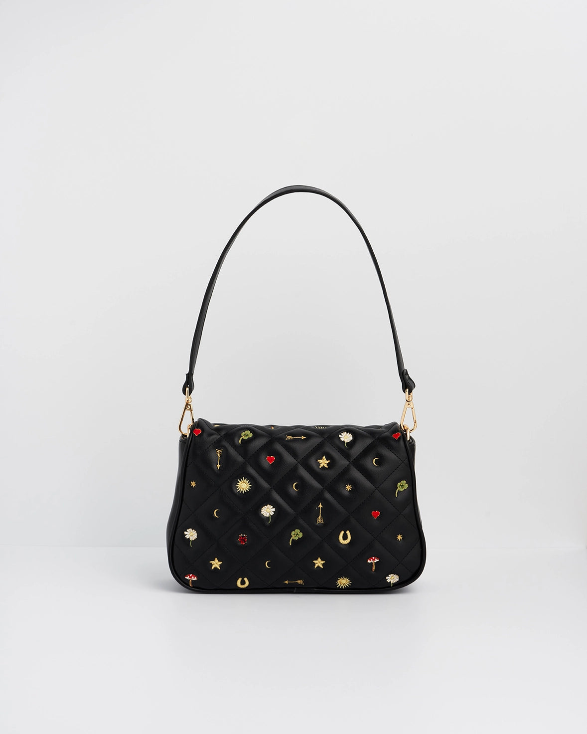 Black Quilted Motif Embroidered Crossbody