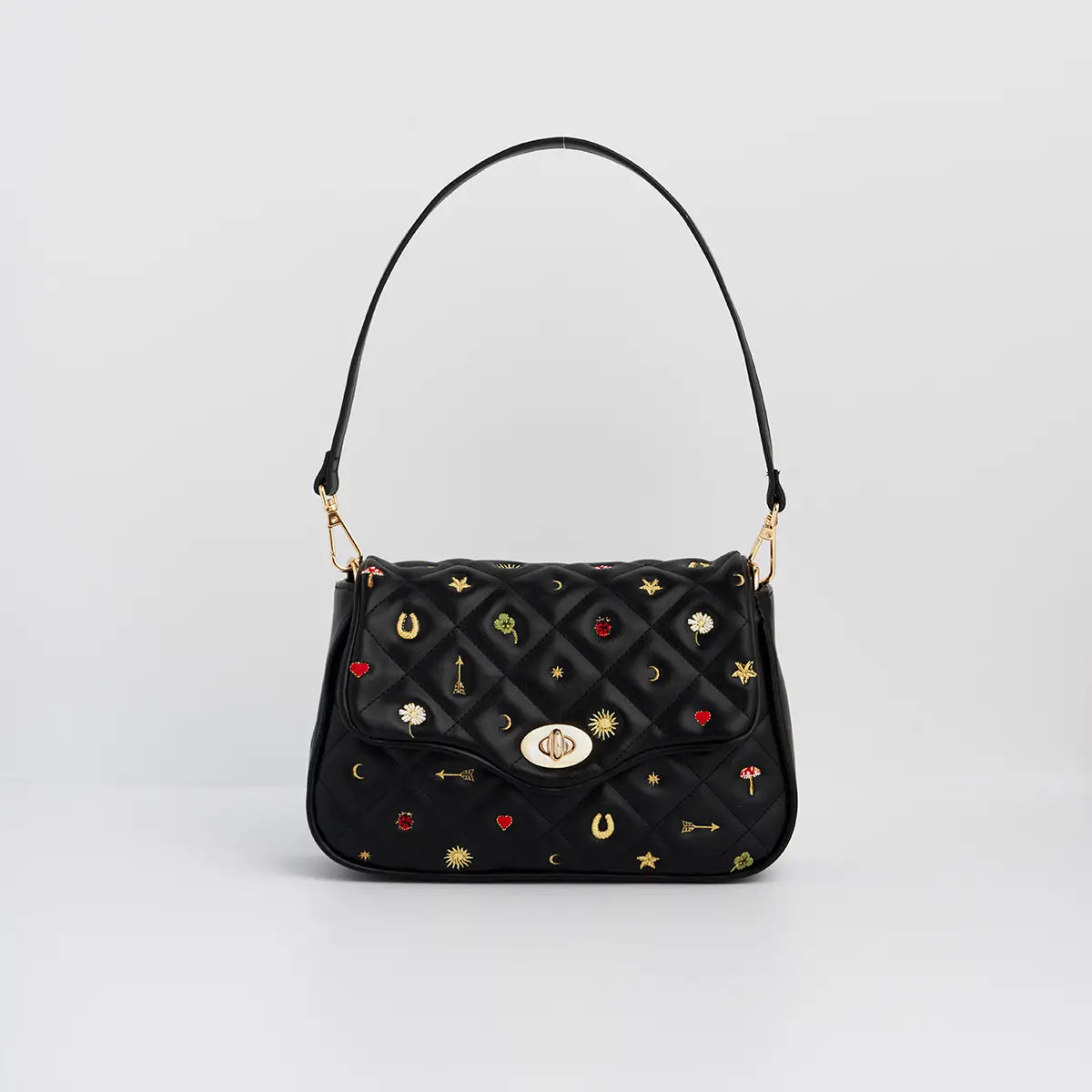 Black Quilted Motif Embroidered Crossbody