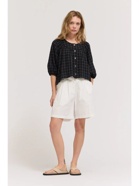 Black Twill Grid Puff Sleeves Top