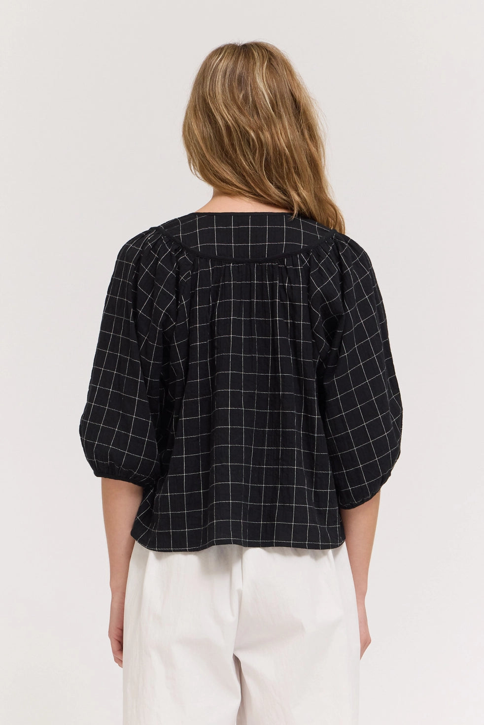 Black Twill Grid Puff Sleeves Top