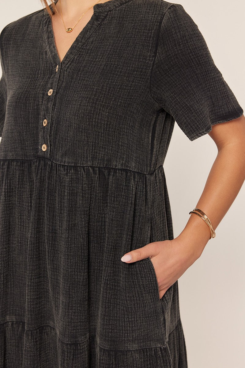 Black Washed Cotton Tiered Maxi Dress
