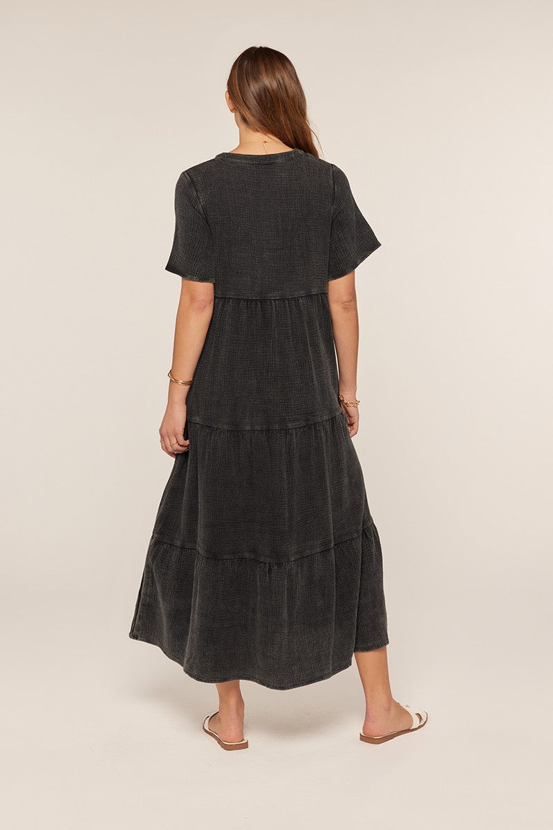 Black Washed Cotton Tiered Maxi Dress