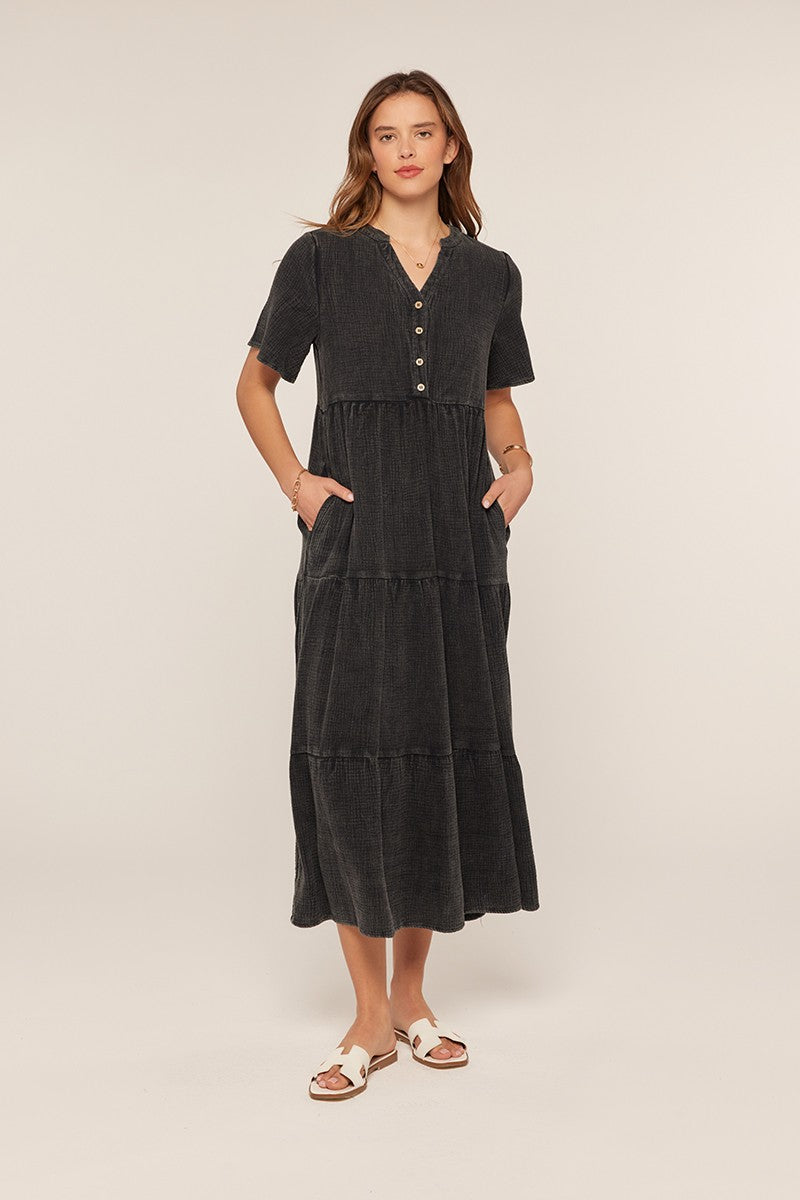 Black Washed Cotton Tiered Maxi Dress