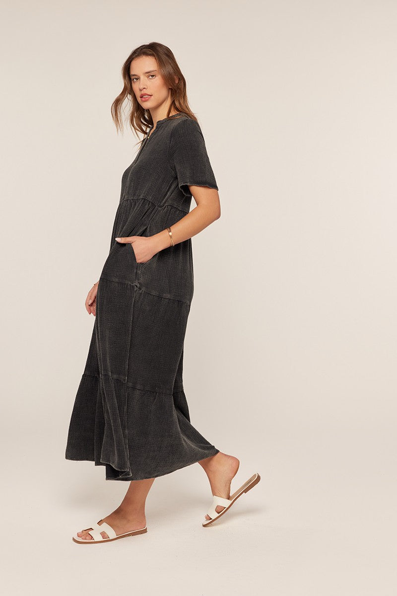 Black Washed Cotton Tiered Maxi Dress