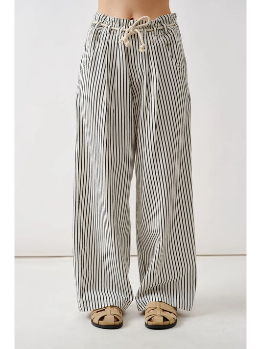 Black & Off White Stripe Wide Leg Pants with Rope Belt