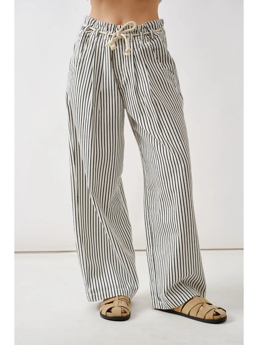Black & Off White Stripe Wide Leg Pants with Rope Belt