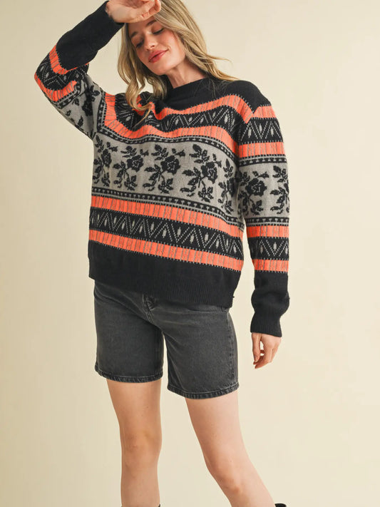 Black & Orange Floral Knit Round Neck Sweater