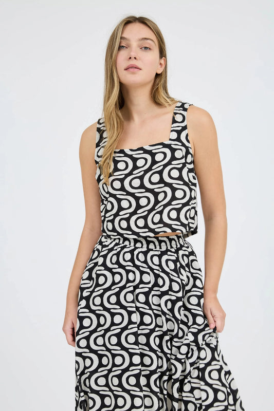 Black & White Geo Pattern Back Tie Top