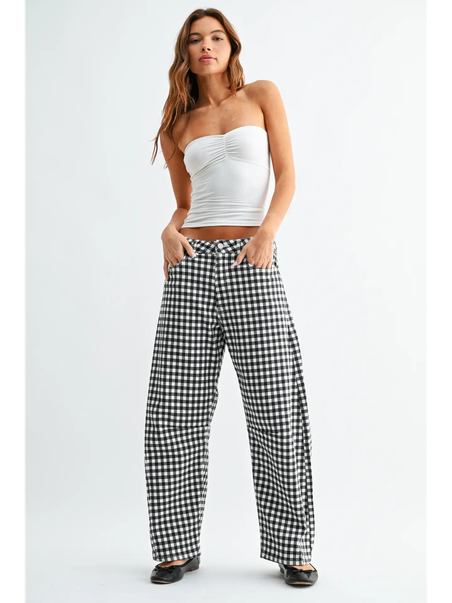 Black & White Gingham Barrel Jeans