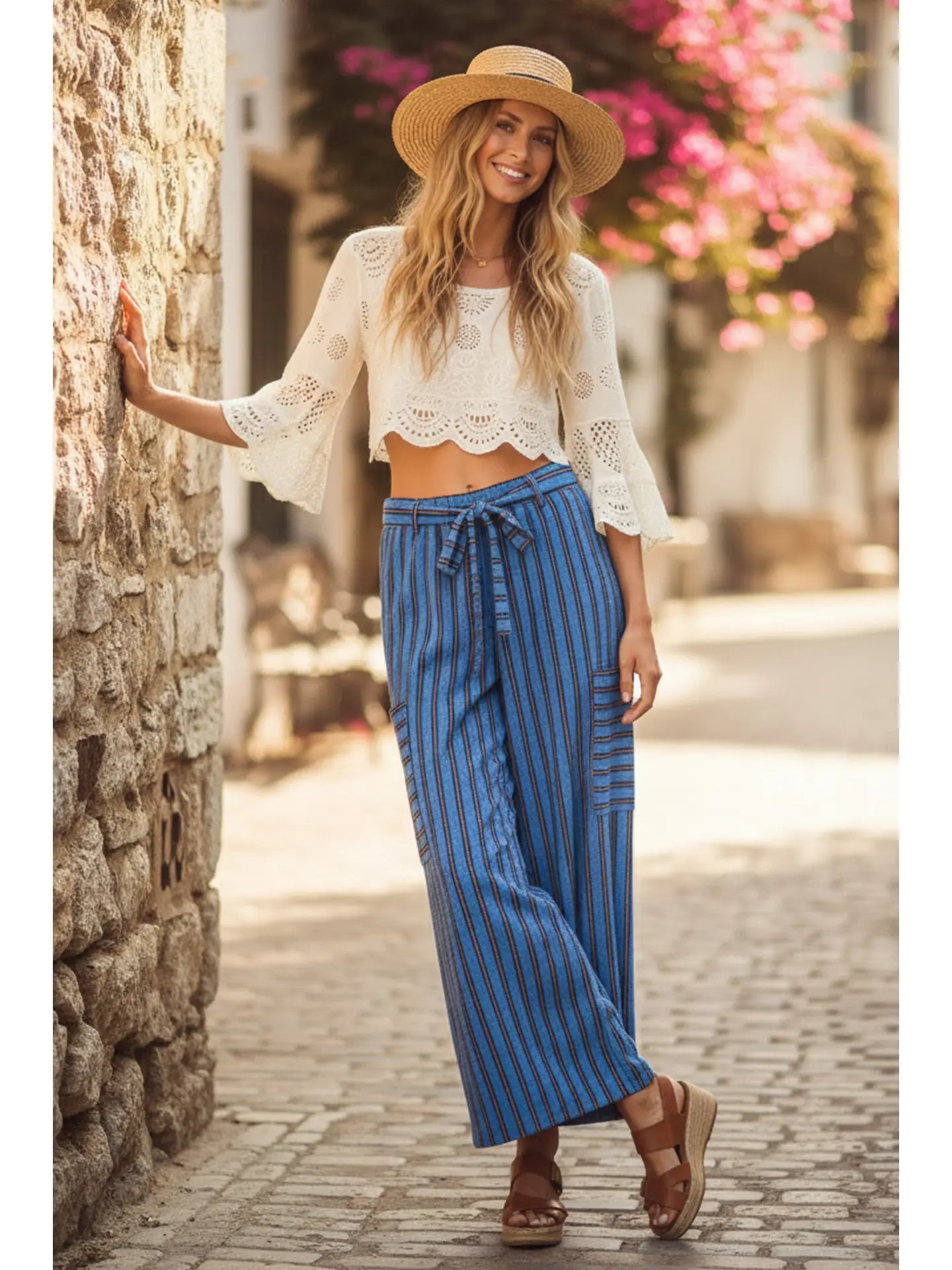 Blue Mix Striped Wide Leg Pant