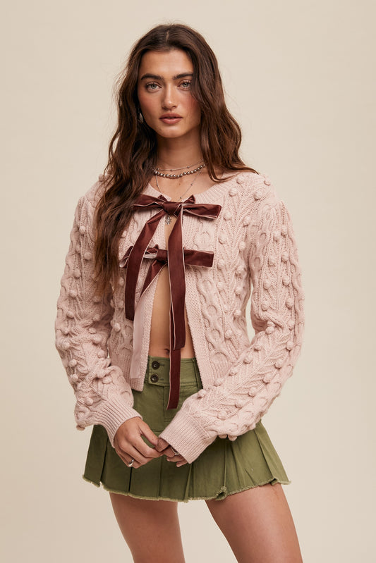 Blush Bow Tie Closure Cable Knit Cardigan