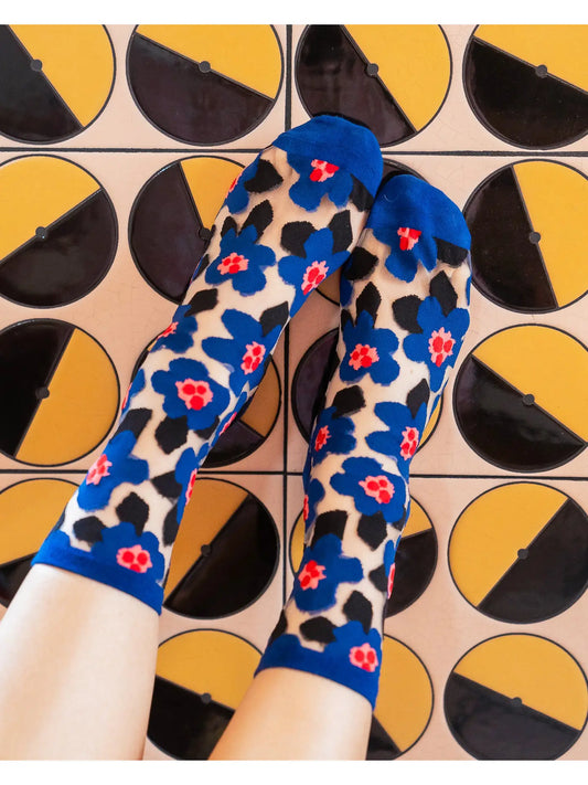 Bold Blue Floral Sheer Crew Socks