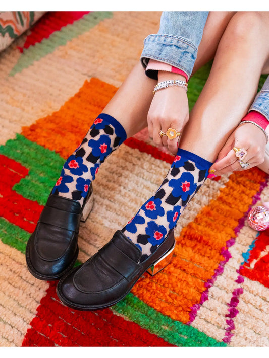 Bold Blue Floral Sheer Crew Socks