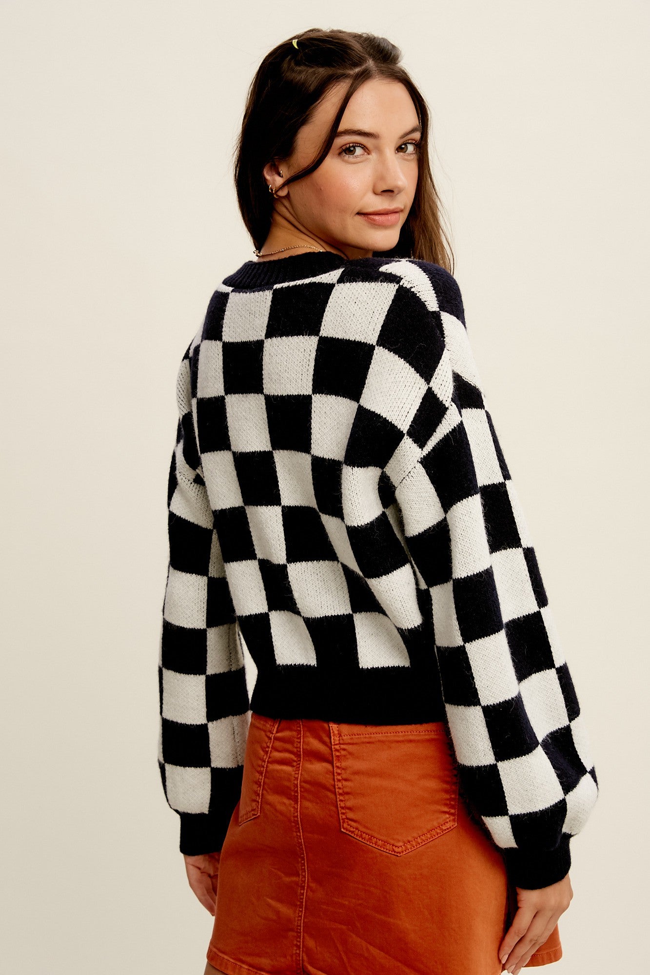 Black/White Checkered Crop Cardigan