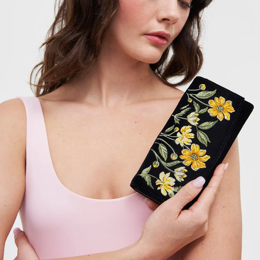 Botanical Black Velvet Embroidered Wallet by Fable England